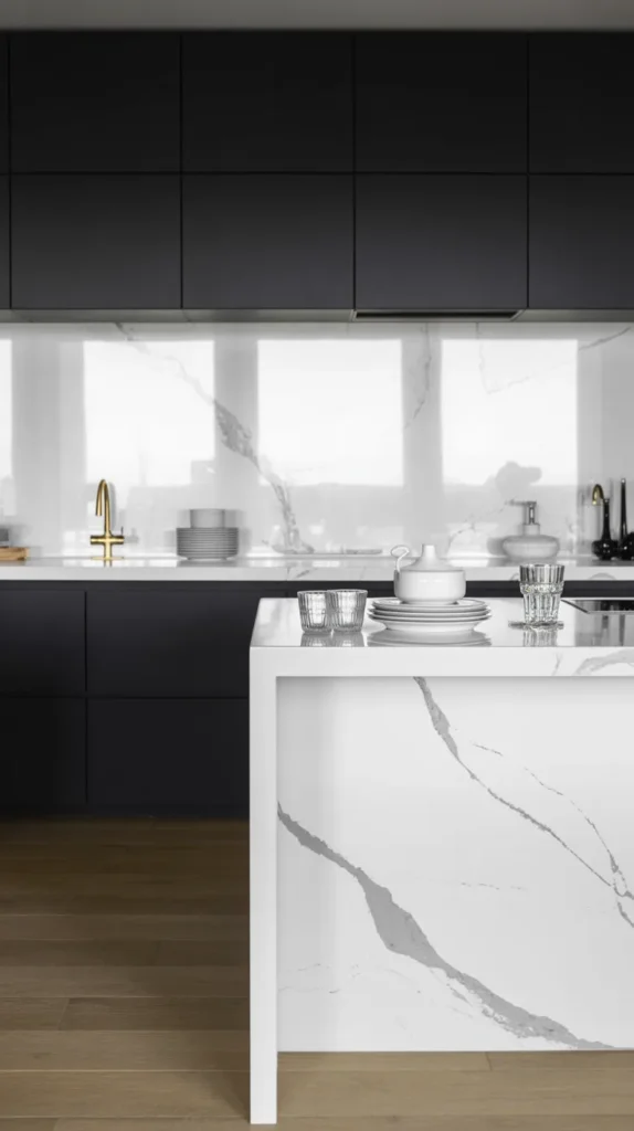 Bright kitchen with black cabinets and white marble countertops creating a high-contrast modern luxury design in natural daylight.
