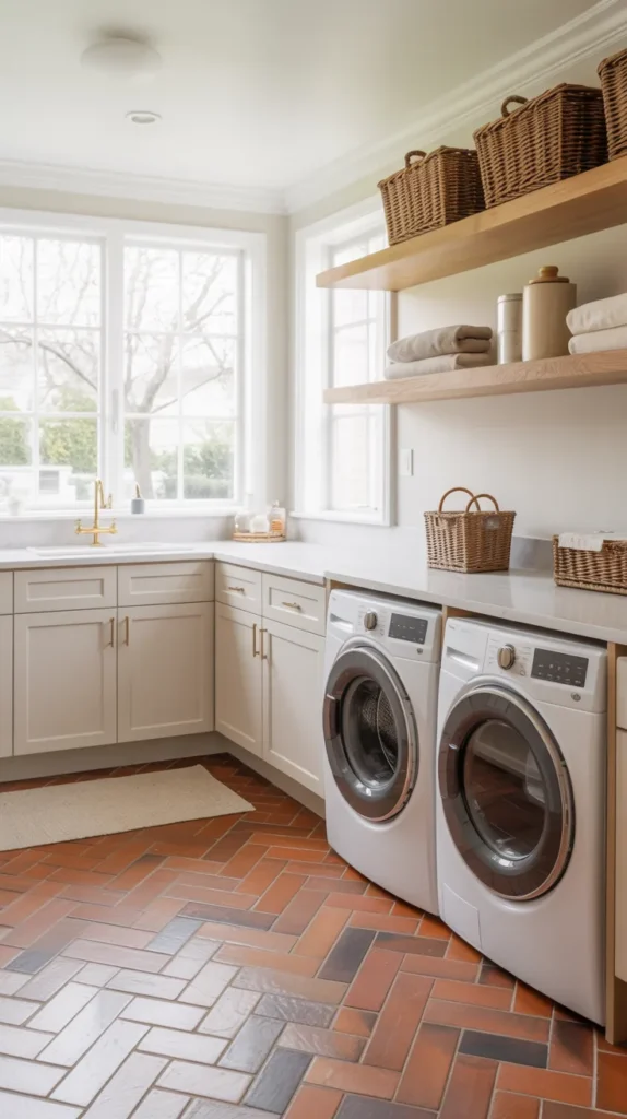 Modern laundry room with warm terracotta herringbone tile flooring, white shaker cabinets, brass hardware, and wood floating shelves.
