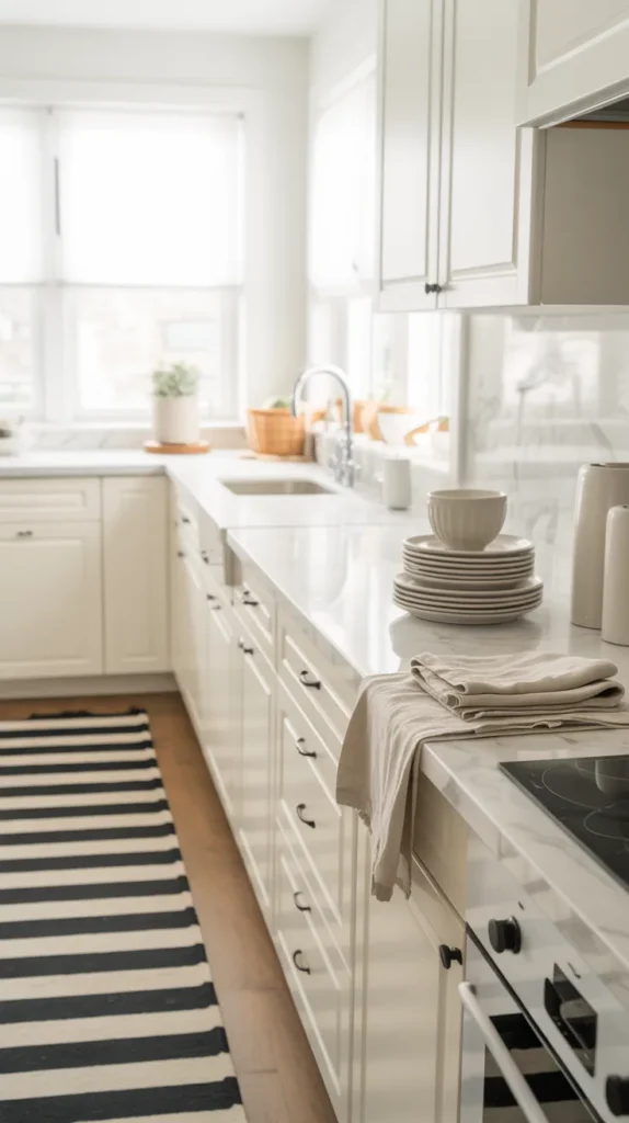 Bright black and white kitchen featuring a striped runner rug adding warmth and contrast in natural light.