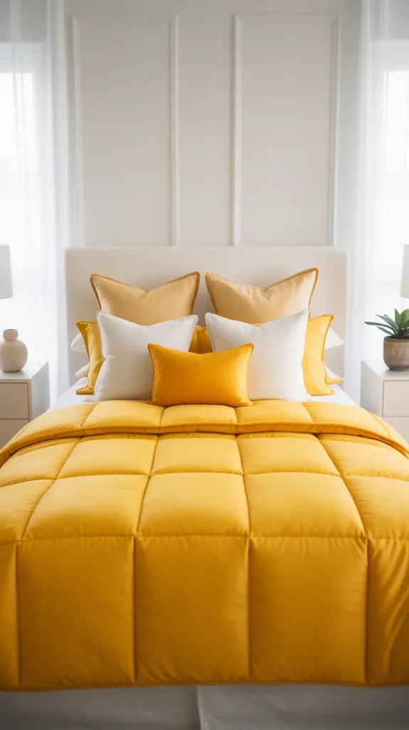 Bright yellow and white bedroom with sunshine yellow bedding and clean modern styling.