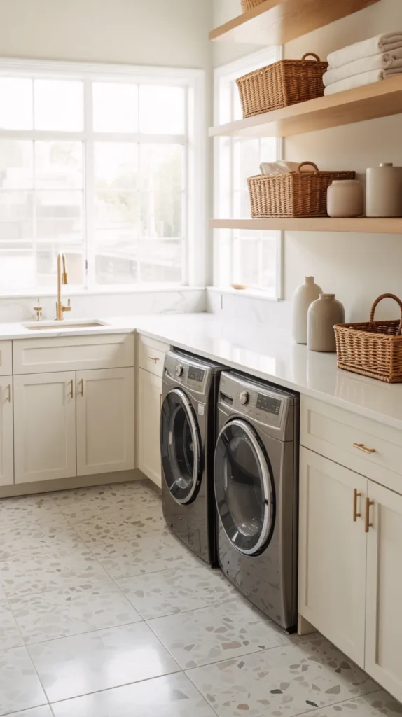 Bright modern laundry room with neutral terrazzo tile flooring, white cabinets, brass hardware, and styled oak floating shelves.