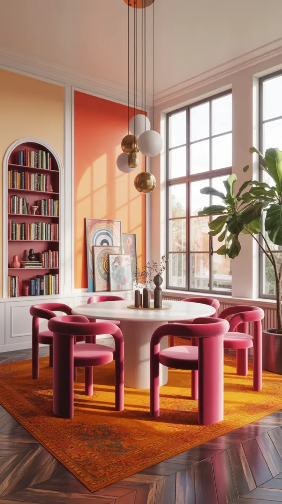 Dining room with hot pink chairs and orange rug around table, bold colorful modern furnished interior