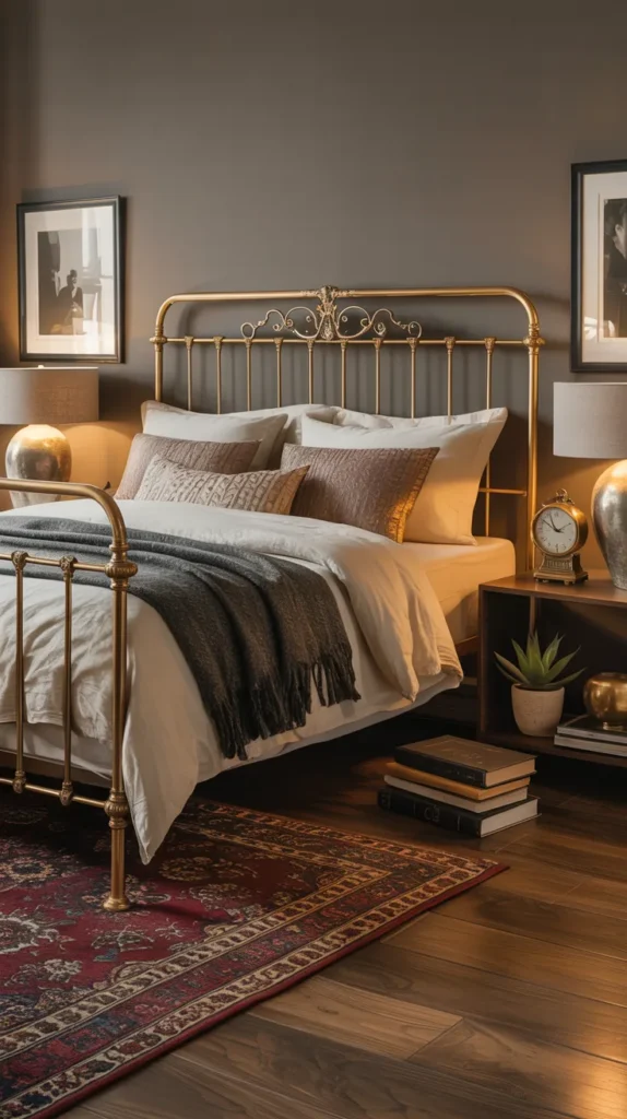 Antique brass vintage bed styled in a furnished modern upscale bedroom