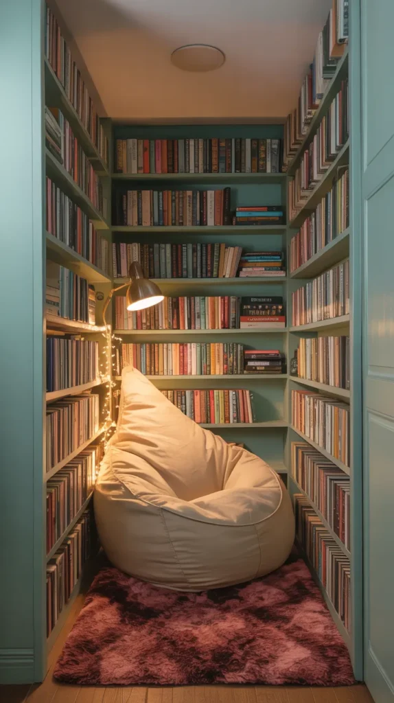 Small closet converted into cozy reading nook with bookshelves and soft lighting.