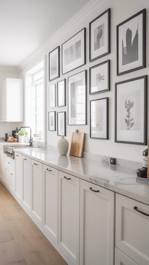 Bright kitchen with black and white wall art gallery creating a styled monochrome focal point.