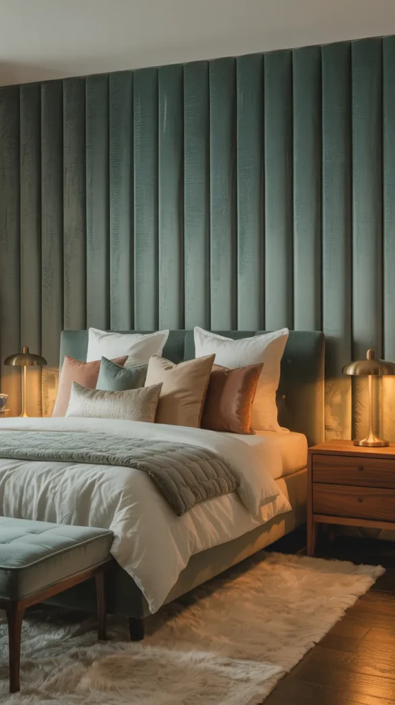 Bedroom with natural stone veneer accent wall behind bed