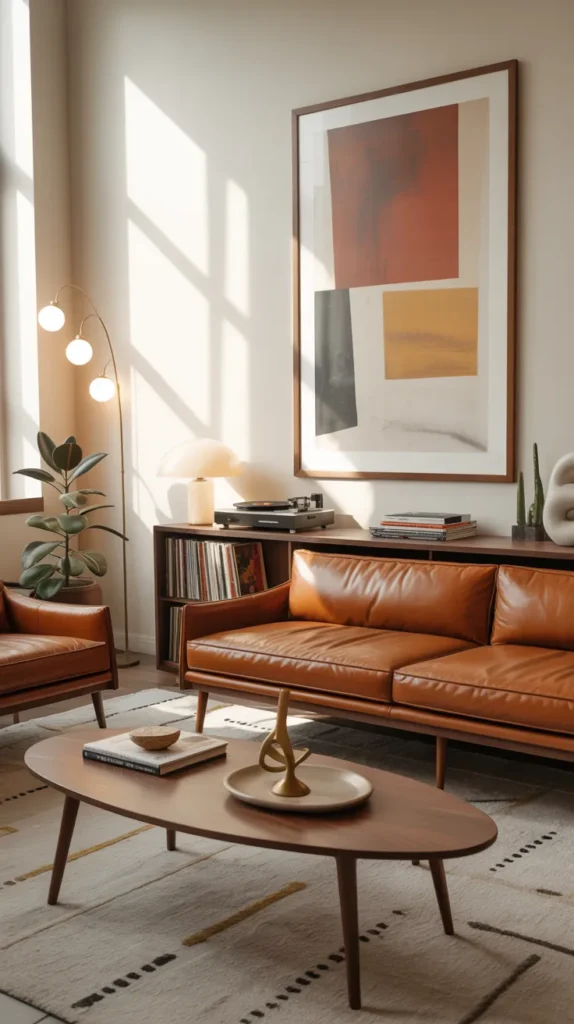 Mid-century modern living room with a cognac leather sofa, walnut furniture, and warm natural light.