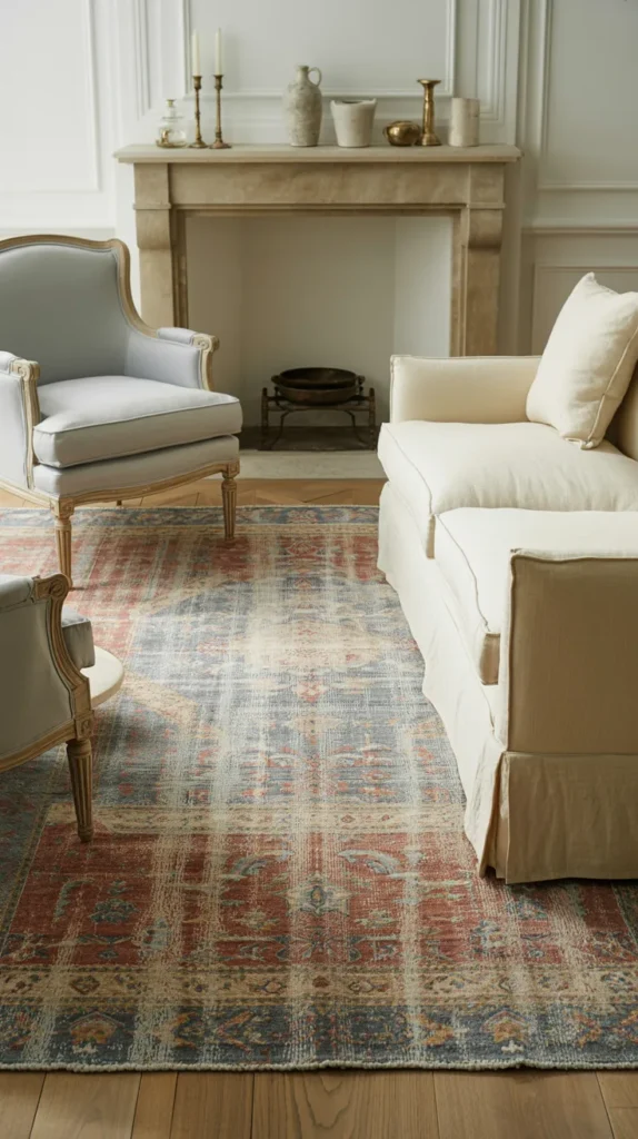 Modern French country living room featuring a faded vintage style area rug in warm muted tones layered under linen seating near a fireplace