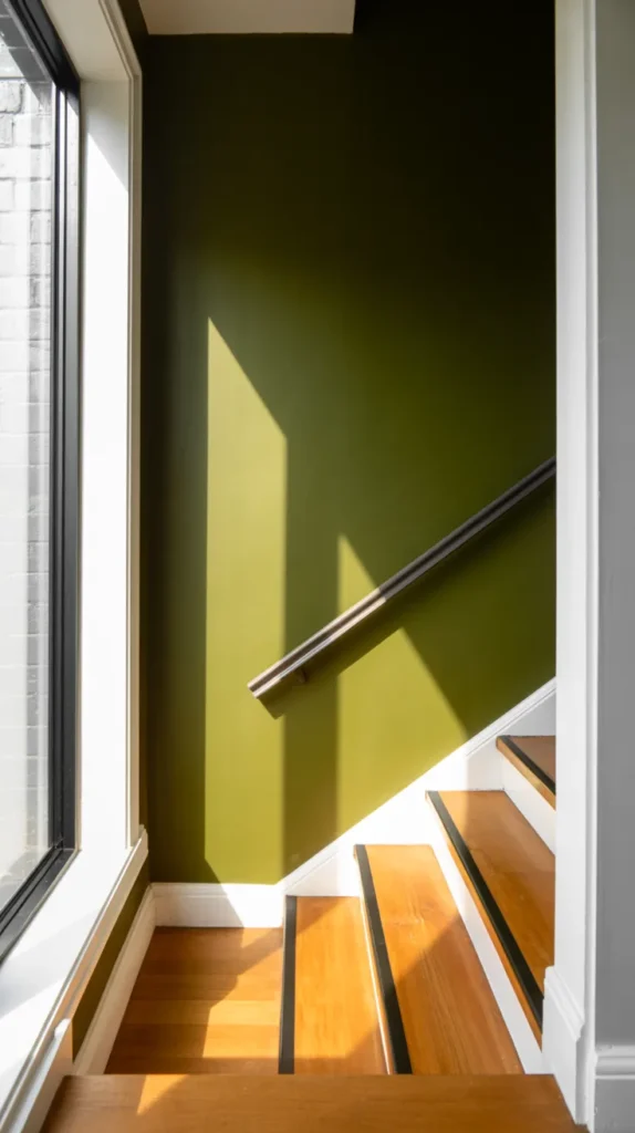 Staircase with deep olive painted wall, wood steps, and black railing in a bright contemporary home.