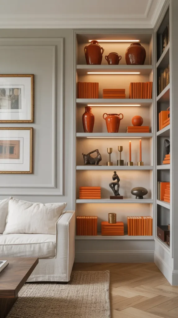 Custom built-in shelves styled with orange ceramics and books beside a neutral sofa in an elegant living room.
