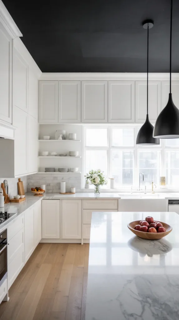 Bright kitchen with black ceiling and white cabinetry accented by apples and flowers in natural light.