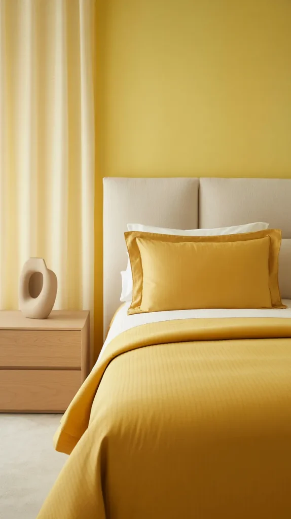 Luxury minimalist bedroom with buttercream walls and tailored yellow bedding