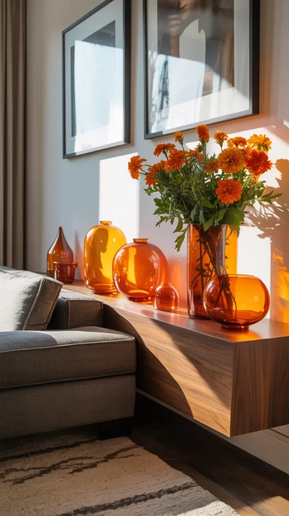 Living room console styled with orange glass decor and orange flowers behind a sofa in soft natural light.