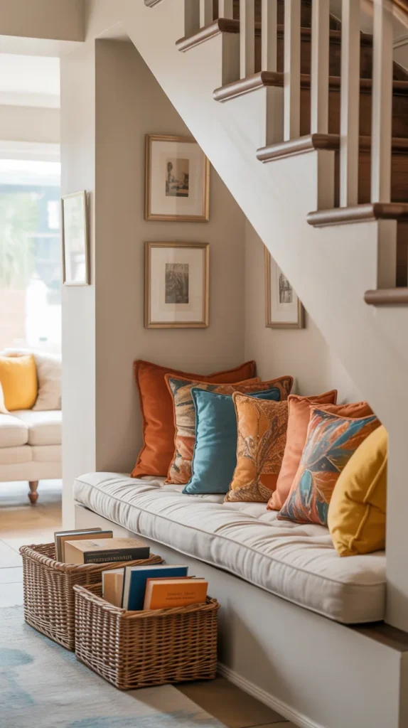 Under-stairs reading nook with colorful cushions, art prints, and natural light creating a bright cheerful furnished reading hideaway.