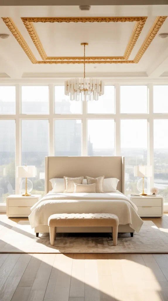 Bright luxury bedroom with white ceiling and gold leaf detailing, upholstered bed, layered white bedding, and natural sunlight.