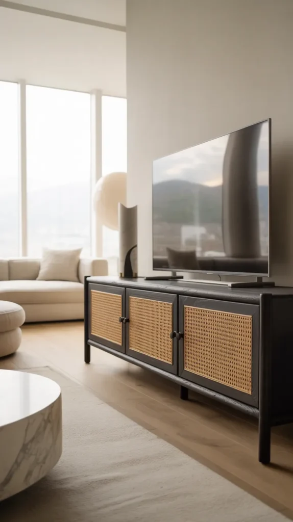 Modern matte black rattan TV console with woven cane doors styled beneath a wall-mounted television in a bright contemporary living room.