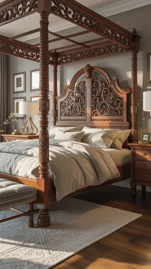 Carved four poster vintage bed in a furnished modern upper class bedroom