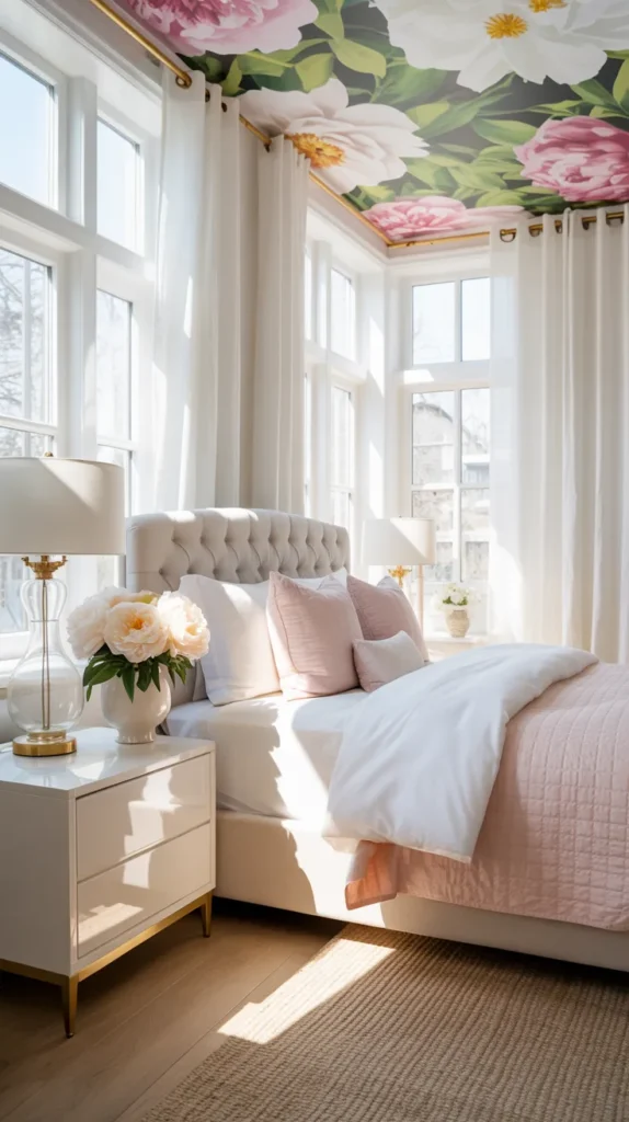 Romantic bedroom with floral wallpapered ceiling, tufted bed, blush bedding, vintage nightstands, and bright natural light.