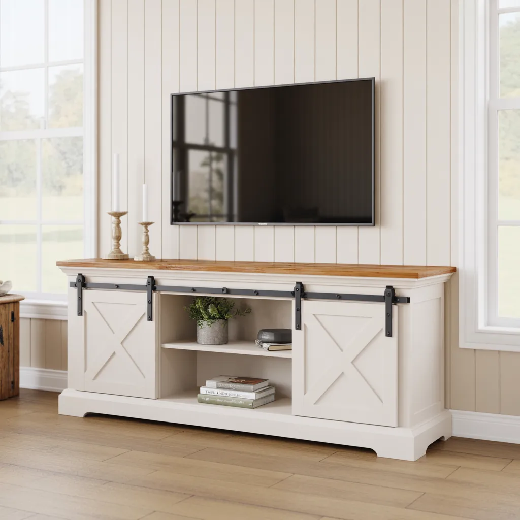 white farmhouse TV console with X-frame doors and sliding barn hardware styled beneath a wall-mounted television against a white shiplap wall.