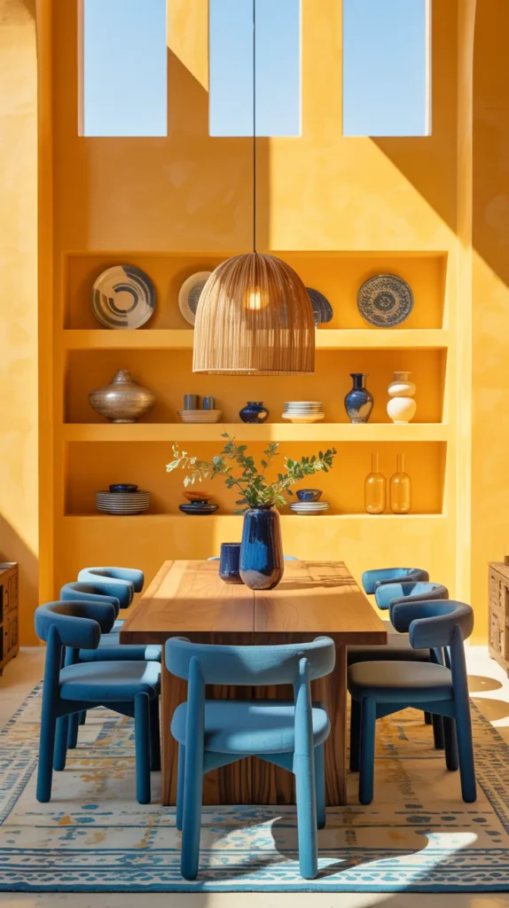 Sunflower yellow dining room with cobalt blue chairs and decor, bold colorful furnished dining interior