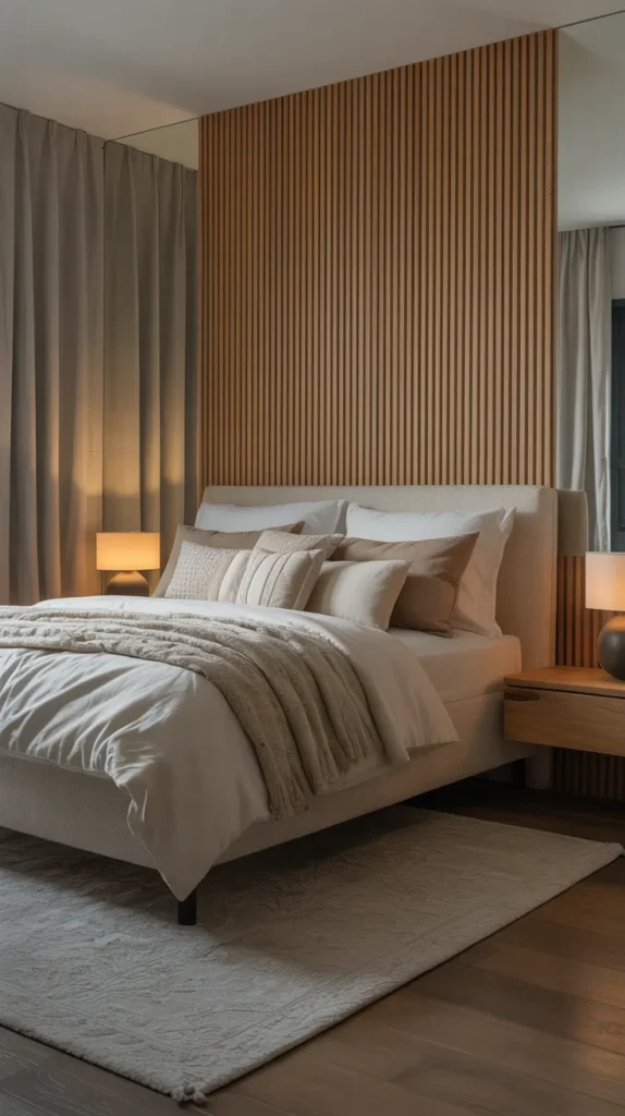 Vertical wood slat accent wall bedroom with upholstered bed, floating nightstands, warm lighting and cozy modern styling