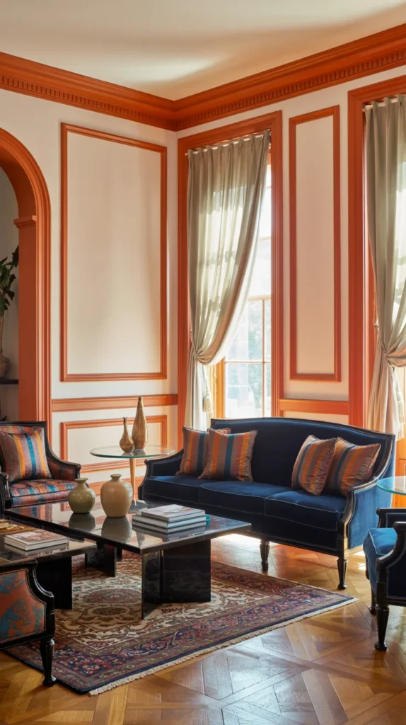 Bright full-room living space with orange painted trim and molding highlighting classic architectural details.