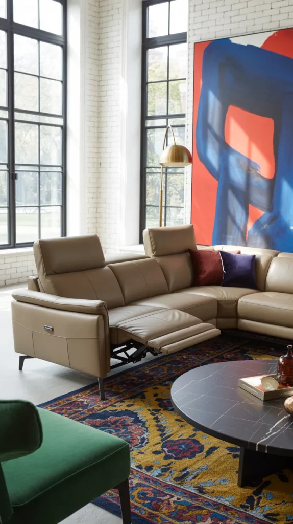 Modern beige power reclining sectional sofa in a white living room with bold contemporary artwork and colorful geometric rug.