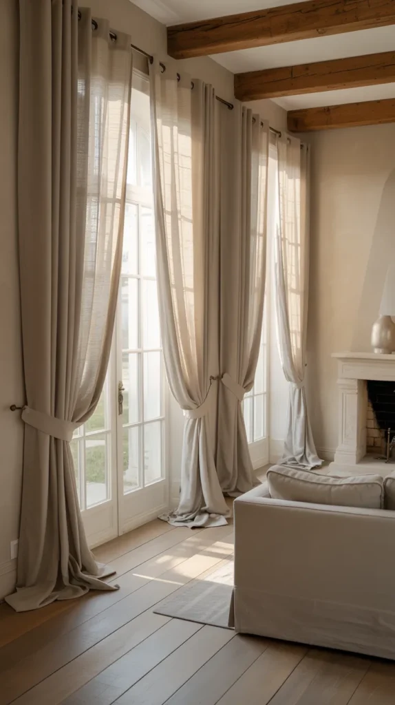 Modern French country living room with layered sheer linen curtains filtering soft natural sunlight