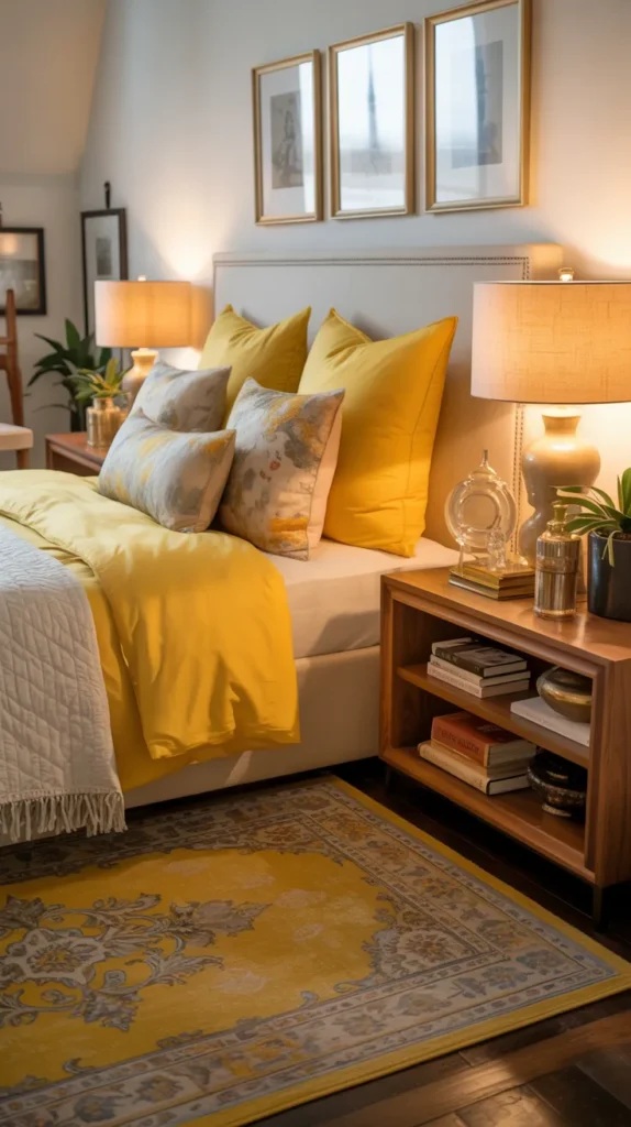 Bedroom with yellow patterned rug and layered yellow bedding creating a warm curated design.