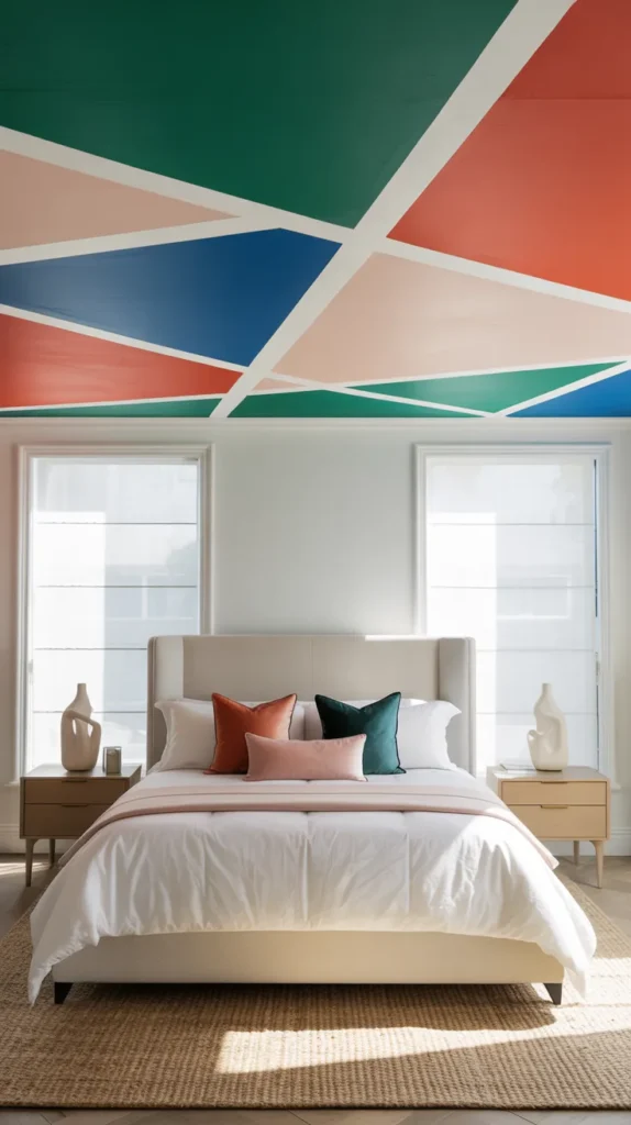 Modern bedroom with bold colorful geometric ceiling in emerald, cobalt, coral, and blush tones, white upholstered bed, and bright natural light.