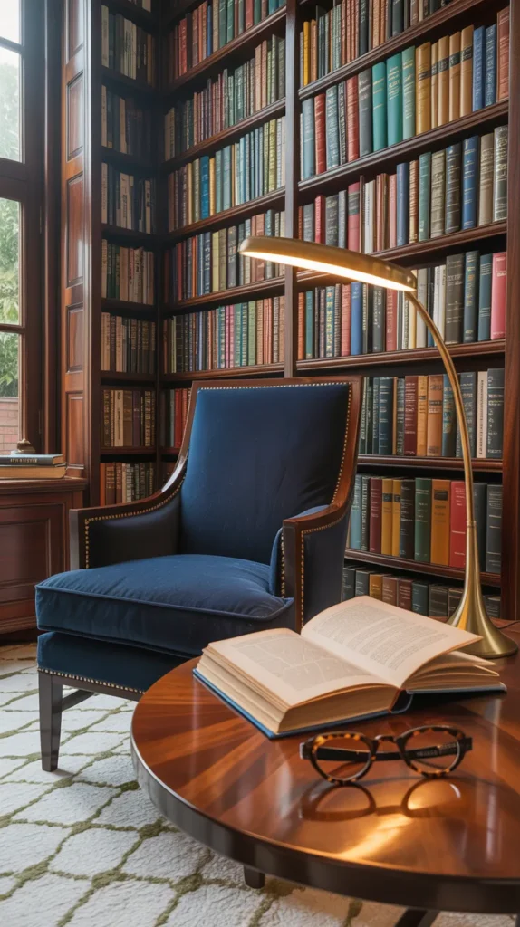 Reading chair in front of floor-to-ceiling bookshelves with lamp and natural light creating a bright furnished home library nook.