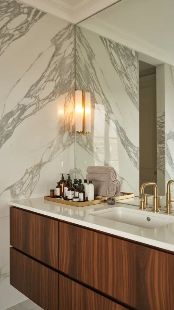 Bathroom with marble slab backsplash wall, walnut vanity, and brass fixtures creating a luxury look.