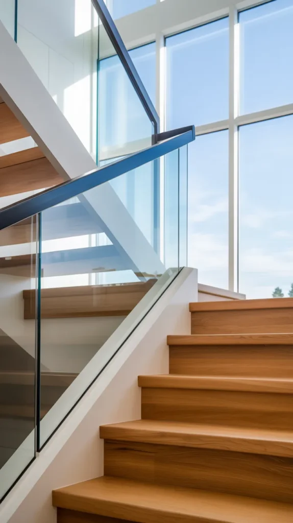 Contemporary staircase with glass railing panels, oak steps, and black handrail in a bright modern home.