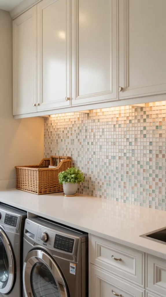 Laundry room with neutral multi-tone glass mosaic tile backsplash in beige and pale blue tones, white shaker cabinets, quartz countertop, and warm under-cabinet lighting.