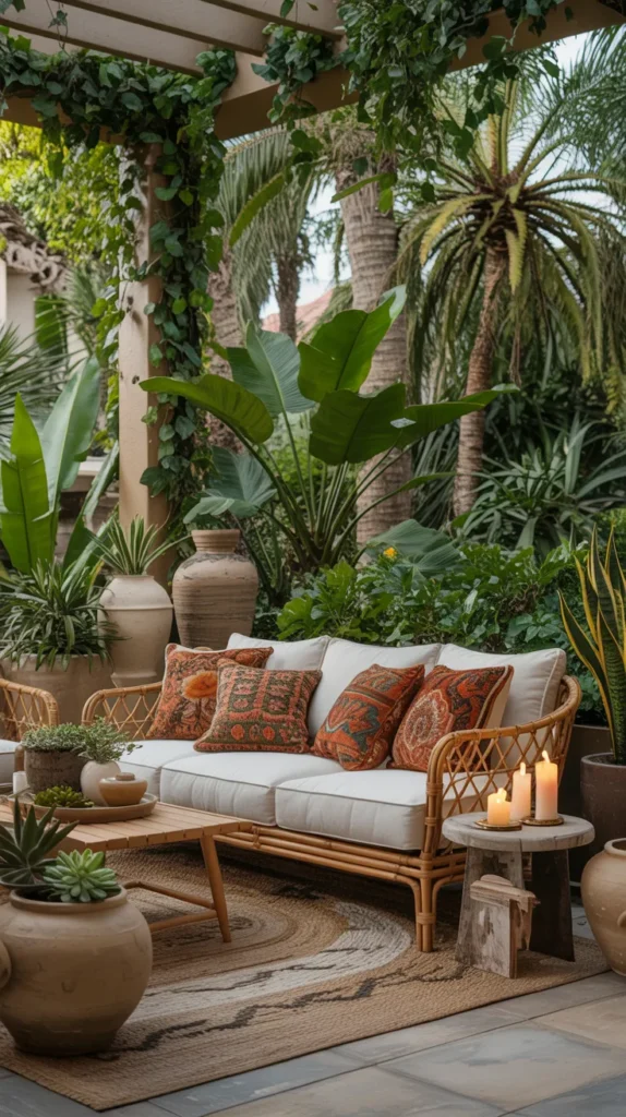 plant filled boho patio with rattan seating and layered greenery creating a private cozy outdoor retreat