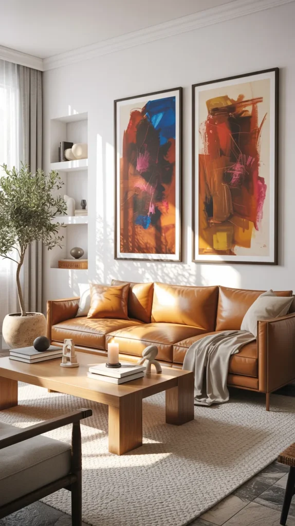 White wall living room with a tan leather sofa and bold colorful framed artwork creating a vibrant curated space.