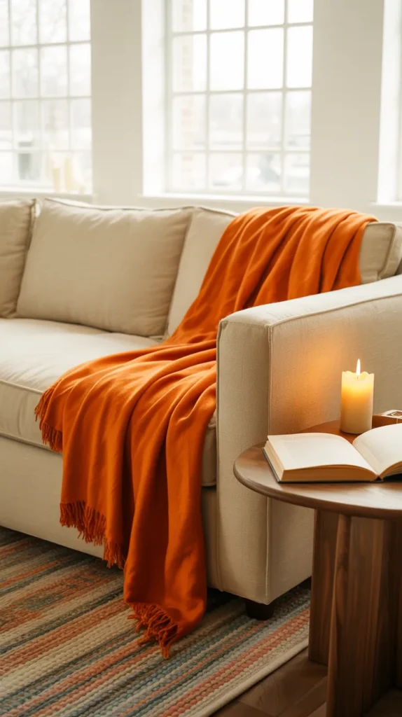 Neutral sofa styled with a casually draped orange throw blanket in a cozy living room.