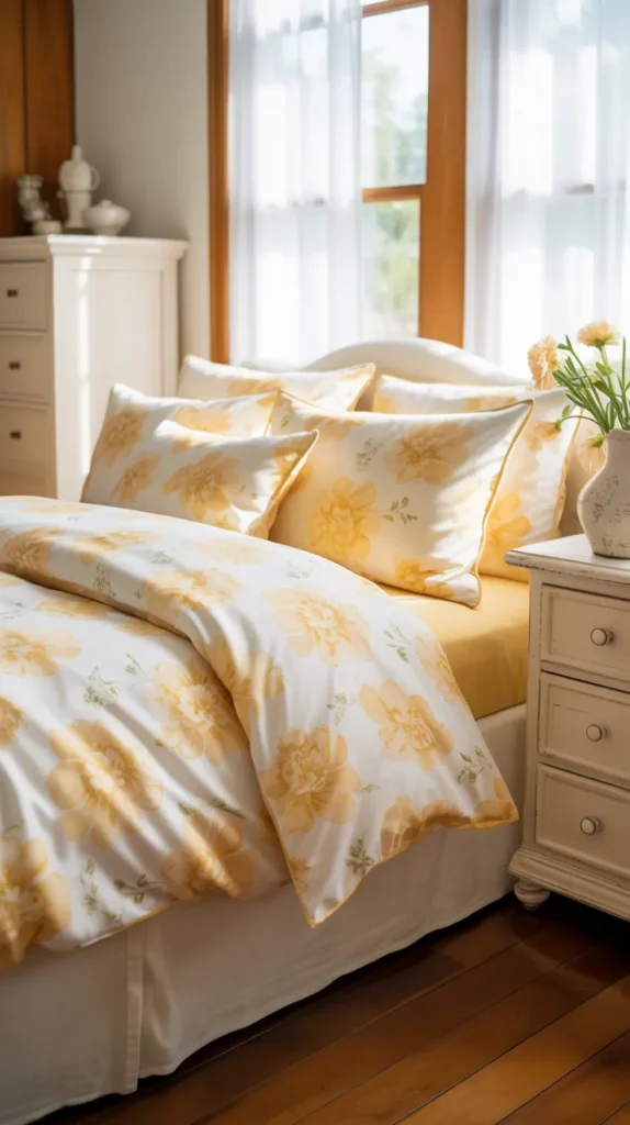 Cottage bedroom with yellow floral bedding and soft natural daylight for a cozy romantic feel.