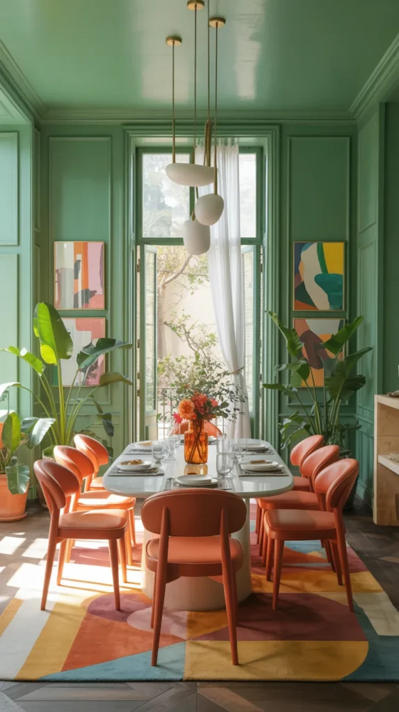 Mint green dining room with coral chairs, colorful modern dining space with plants and natural light