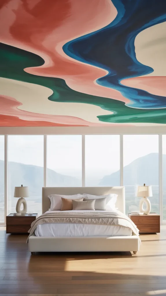 Modern bedroom with bold abstract painted ceiling in coral and navy tones.