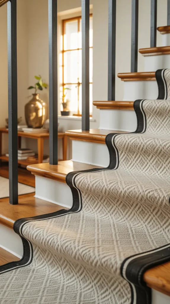 Modern staircase with neutral patterned stair runner, oak stair edges, white risers, and black railing in a bright upscale home.