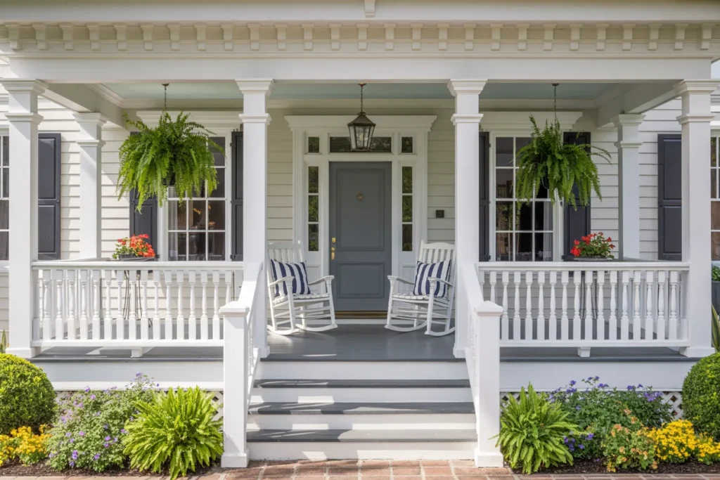 Traditional front porch with full white square spindle railing, gray front door, rocking chairs, white columns, and landscaped flower beds in bright sunlight.