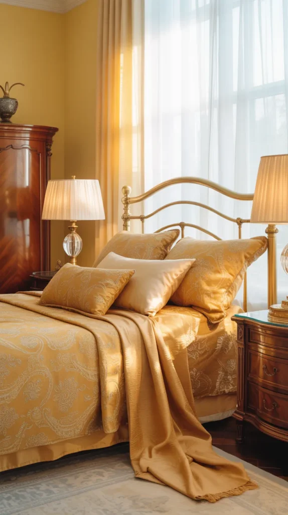 Vintage bedroom with warm yellow walls and golden bedding in a refined classic interior.