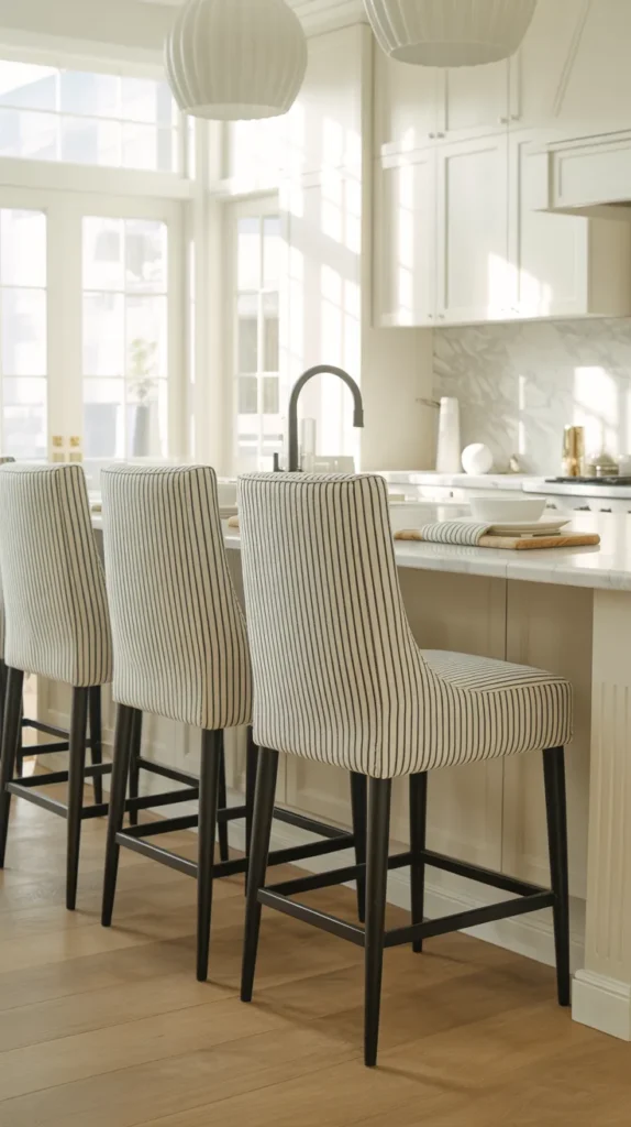 Bright kitchen with black and white wall art gallery creating a styled monochrome focal point.