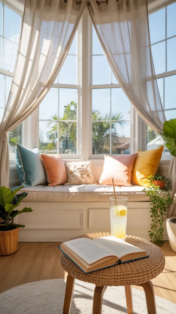 Sunny bay window reading nook with pastel cushions, sheer curtains, and bright natural light creating an airy summer seating corner.