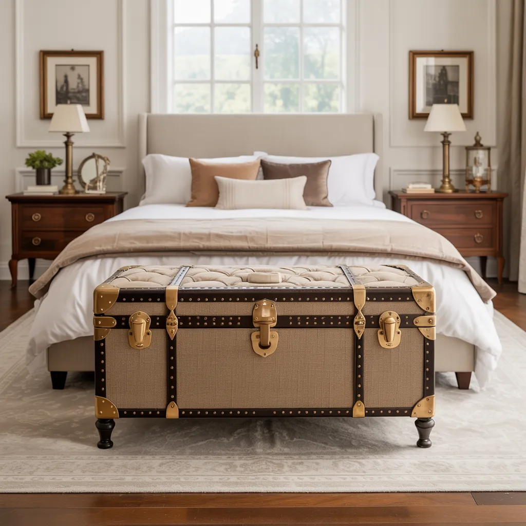 Light oak storage trunk bench with upholstered cushion at the foot of a fully furnished organic modern bedroom with white bedding and natural sunlight.