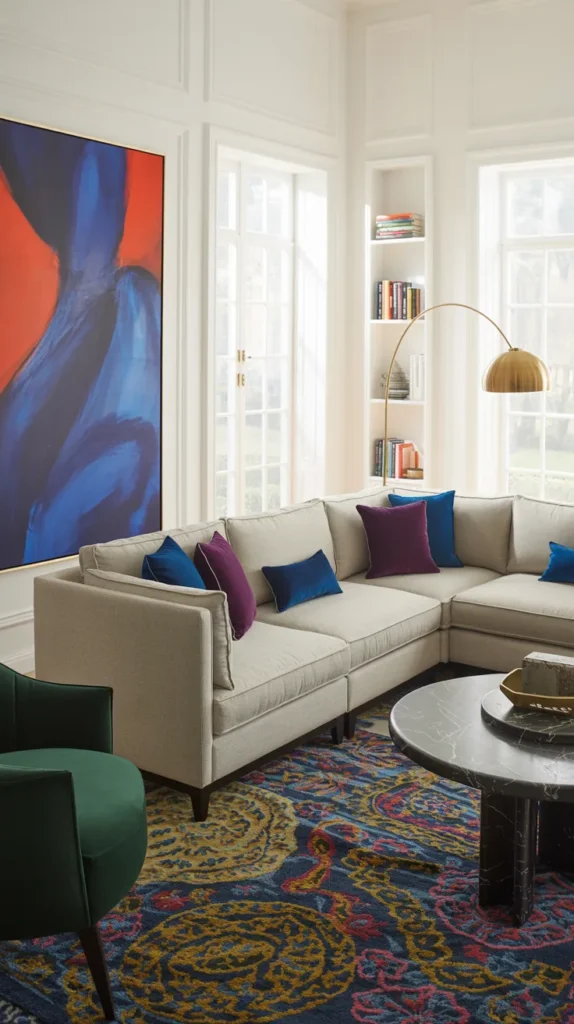Light beige tuxedo sectional sofa in a white wall living room styled with bold modern artwork and jewel-tone rug.